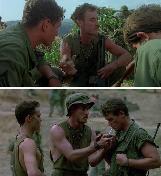 In Platoon (1986), Sgt. Barnes' matches either became damp or emptied, so  Sgt. O'Neill kept handing him a lighter : r/MovieDetails