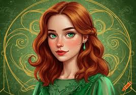 Stylized portrait of a young woman with red hair, green eyes, and freckles,  wearing a green dress against a green and gold swirling background.