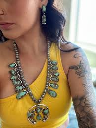 Navajo Made Ribbon Turquoise & Sterling Silver Squash Naja Blossom Necklace  Set
