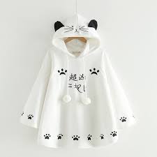 Japanese Harajuku Sweet Fleece Kawaii Cats Pompon Poncho Hooded Cloak Japanese Kawaii Fashion Hoodies Kawaii Fashion