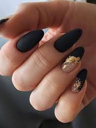 Beautiful Black And Red Nail Ideas Amazing Matte Black Nails Almond Shaped With Gold Foil Black Gold Nails Gold Nails Red Matte Nails