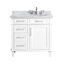 The complete vanity includes a cabinet, a mirror and a basin. Home Decorators Collection Sonoma 36 Inch W X 22 Inch D Bath Vanity In White With Carrara The Home Depot Canada