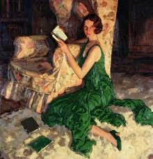Alfred Lambert. Woman reading in an elegant emerald green dress. Beautiful  lighting.