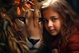 La ragazza è in piedi accanto al leone con le foglie sulla testa AI  generativa