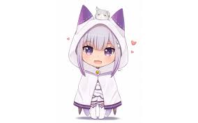 White Background Cape Chibi Dress Emilia Re Zero Grey Hair Puck Re Zero Purple Eyes Re Zero Kara Hajimeru Isekai Seikat In 2020 Chibi Character Wallpaper Anime