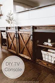 58'' barn door tv stand for 65 flat screen, console table storage cabinet in rustic brown wash, entertainment center for living room sanswood 4.5 out of 5 stars (170) Diy Farmhouse Tv Console With Sliding Barn Doors Crafted By The Hunts