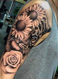 Tiger And Flowers Sun Flower Rose Shoulder Tattoos For Women Cool Tattoos Shoulder Tattoos