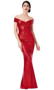 Dr1007 Red City Goddess Sequin Bardot Evening Dress Fab Frocks