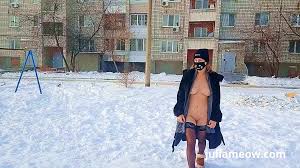 Naked Tomboy in a Fur Coat Swings on a Swing in Winter: Flashing MILF Porn