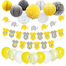 A baby shower is a fun way to celebrate the upcoming arrival of a new baby, which is usually what decorations do you need for a baby shower? Yellow Grey Elephant Baby Shower Decorations Neutral For Boy Or Girl Welcome Baby Banner Elephant Garland Confetti Balloons For Gender Neutral Baby Decor Walmart Com Walmart Com