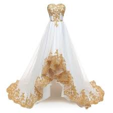 Gold White Sweetheart Lace Wedding Dress Bridal Gown High Low Sleeveless In 2020 Wedding Dresses High Low Applique Wedding Dress Gold Wedding Dress