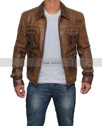 Mens Distressed Brown Cognac Shirt Collar Vintage Four Pocket Leather Jacket Brown Leather Jacket Men Leather Jacket Men Captain America Leather Jacket