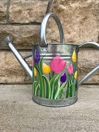 Tulip Garden Painted Watering Can Watering Can Tulip Decor Metal Flower Pots