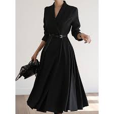 Black A Line Dress With Sleeves Elegant Solid Wrap V Neckline X Line Dress 1955473133 In 2020 Black Work Dresses Simple Dresses Classy Dress