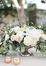 Low Centerpiece In Compote Footed Vase Rose Gold Copper Blush Wedding At Th Low Wedding Centerpieces Flower Centerpieces Wedding Wedding Floral Centerpieces
