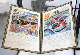 大家都认知的海明威1954 年威获得当年的诺贝尔文学奖证书里绘画的就是 老人与海 颜色也很鲜亮 decor book cover home decor