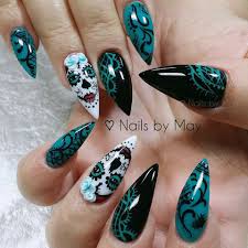 Black And Teal Stiletto Nails Teal And Black Skull Nails Sugar Skull Nails Gothic Nails