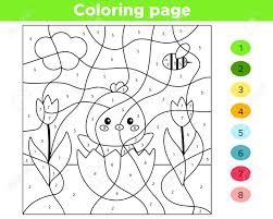 Each page focuses on a specific number and gives coloring instructions for the number shown in each box. Educational Number Coloring Page For Preschool Children Vector Kawaii Chick Hatched From Egg Spring Flowers Royalty Free Cliparts Vectors And Stock Illustration Image 120362066