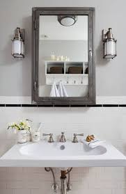Gorgeous Bathroom Features Gray Upper Walls Lined With A Restoration Hardware Pharmacy Wal Eclectic Bathroom Wall Mounted Medicine Cabinet Traditional Bathroom
