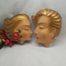 Mid Century Chalkware Kissing Couple Wall Hangings Art