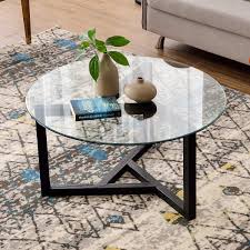 Amazon Com P Purlove Round Coffee Table 35 Modern Glass Cocktail Table Easy Assembly Center Coffee Table Modern Glass Coffee Table Round Glass Coffee Table