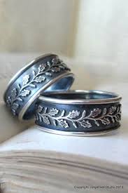 Oak Leaf Matching Wedding Band Set His And Hers Matching Wedding Rings In Black Oxidized Sterling Silver Wide Wedding Ring Set Matching Wedding Band Sets Wedding Band Sets Wide Wedding Rings