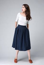 Falda De Cintura Alta Falda Midi Falda De Longitud De Rodilla Falda Azul Oscuro Falda De Lino Falda Plisada Falda De Linea Faldas De Mujer Regalo 1500 Etekli Kiyafetler Mavi