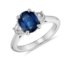 Sapphire And Half Moon Shaped Diamond Ring In 18k White Gold