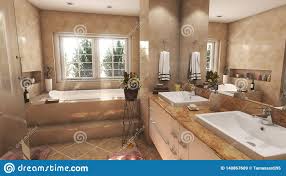 modern beige bathroom with two sink and