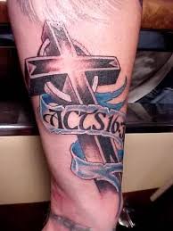 Black and grey cross with ribbon tattoo design. Amazing Cross Arm Religious Tattoo Designs Tattoos On Body