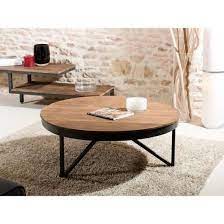 table basse ronde style industriel en bois teck pieds en metal o 90 cm achat vente table basse table basse ronde o 90 couchtische haus dekoration tisch