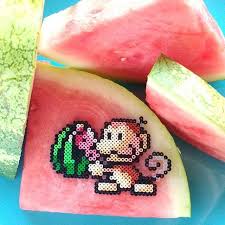 I Made The Adorable Watermelon Eating Monkey From Yoshi S Island Yes I Went Out And Bought A Watermelon To Take Pearler Bead Patterns Fuse Beads Perler Beads