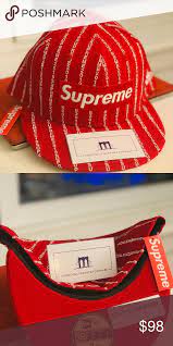 Nwt Supreme Red Text Stripe New Era Hat New Era Hats Supreme Sticker Supreme Accessories