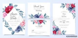 Navy Blue Wedding Invitation Card Template Set With Floral Frame And Decoration Elegant Flowers Save The Date Invitation Greeting Respond Thank You Cards
