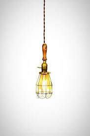 Vintage Farmhouse Wood Handle Caged Trouble Light Pendant Brown Junkyard Lighting Made In Cleveland Ohio