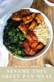 Sesame Tofu Sheet Pan Recipe - Lauren Mcneill Rd Mph Recipe In 2021 Sheet Pan Recipes Sesame Tofu Vegan Recipes Easy