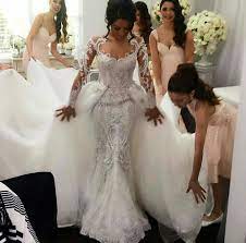 Discount Romantic Wedding Dresses With Detachable Tulle Overskirt Sheer Jewel Neck Pearls Beaded Lace Appliques African Bridal Gowns Maternity Wedding Dresses M Detachable Train Wedding Dress Retro Wedding Dresses Long Sleeve