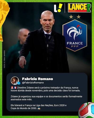 ZIDANE NA FRAN&Ccedil;A! 🇫🇷✍🏼 Segundo Fabrizio Romano, Zinedine Zidane ser&aacute; o novo t&eacute;cnico da Fran&ccedil;a. O acordo estava selado desde novembro, e os documentos ser&atilde;o assinados este m&ecirc;s. Ele comandar&aacute; a sele&ccedil;&atilde;o