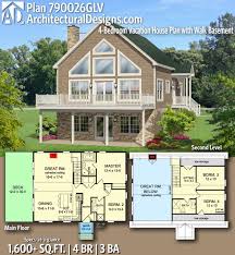Taking a closer look the the layout. Plan 790026glv 4 Bedroom Vacation House Plan With Walk Basement In 2021 Cottage House Plans Vacation House Plans A Frame House Plans