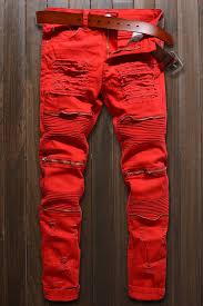 Black And Red Jeans Men Men Red Zipper Decor Ruched Casual Slim Jeans Skinny Jeans Men Zippers Fashion Red Skinny Jeans
