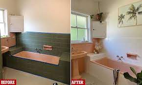 Use painters tape and tape off the floor trim and anything else bordering the floor like the tub, toilet, vanity, etc. Home Stylist Shows Off Her Diy Bathroom Transformation Using A Splash Of Tile Paint From Bunnings Daily Mail Online