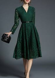 Green Patchwork Lace Draped Belt V Neck Elegant Midi Dress Elegant Midi Dresses Green Lace Dresses Elegant Dresses