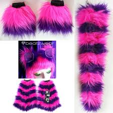 The cheshire cat from the 1951 cartoon movie is striped in purple and pink. Cheshire Cat Costume Ears Tail Leggings And Cuffs Beatzwear