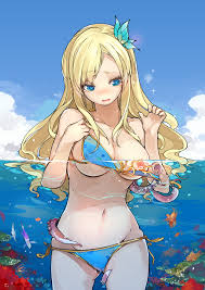 sakura sora, kashiwazaki sena, boku wa tomodachi ga sukunai, bad id, bad  pixiv id, highres, 10s, 1girl, assisted exposure, bare shoulders, bikini,  bikini pull, blonde hair, blue bikini, blue eyes, breast slip,