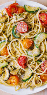 Parmesan Zucchini Tomato Chicken Spaghetti Toss With Basil Pesto Nudelgerichte Rezepte Kochrezepte