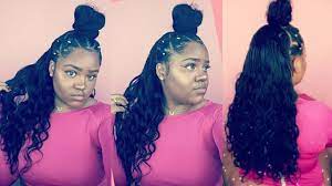 Sew In Hairstyles With Braid Half Up Half Down In Middle Rubber Band Half Up Half Down Sew In Braid Half Up Half Down Natural Hair Bun Styles Braided Half Up
