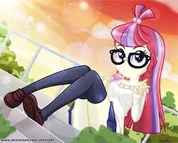 2265135 - safe, artist:charliexe, moondancer, equestria girls, g4, bare  shoulders, clothes, cute, drinking, equestria girls-ified, female, glasses,  juice, legs, legwear, looking at you, microskirt, miniskirt, moe, peace  sign, pleated skirt ...