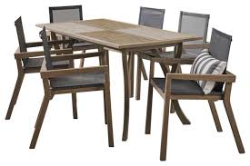Patio dining set with bench seat. Gdf Studio Kaur Outdoor Rectangular Acacia Wood Dining Set With Mesh Seats Transitional Outdoor Dining Sets By Gdfstudio Houzz