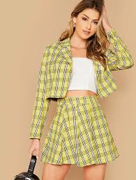 Black And White Plaid Blazer And Skirt Set Notch Collar Plaid Blazer Skater Skirt Set In 2020 Checkered Skirt Outfit Yellow Plaid Skirt Fashion Inspo Outfits