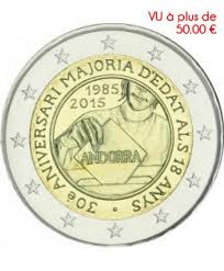 25e anniversaire de la signature de l'accord douanier avec l'union le perron légèrement démesuré semble nous inviter à entrer dans l'église et met en valeur. 2 Euros Commemo Andorre 2015 Frappe Bu Majorite A 18 Ans